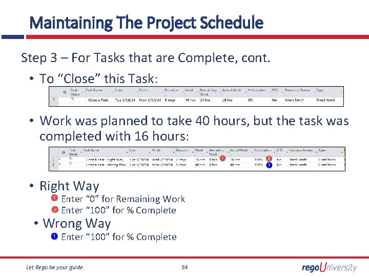 Maintaining The Project Schedule Step 3 – For Tasks that are Complete, cont. •