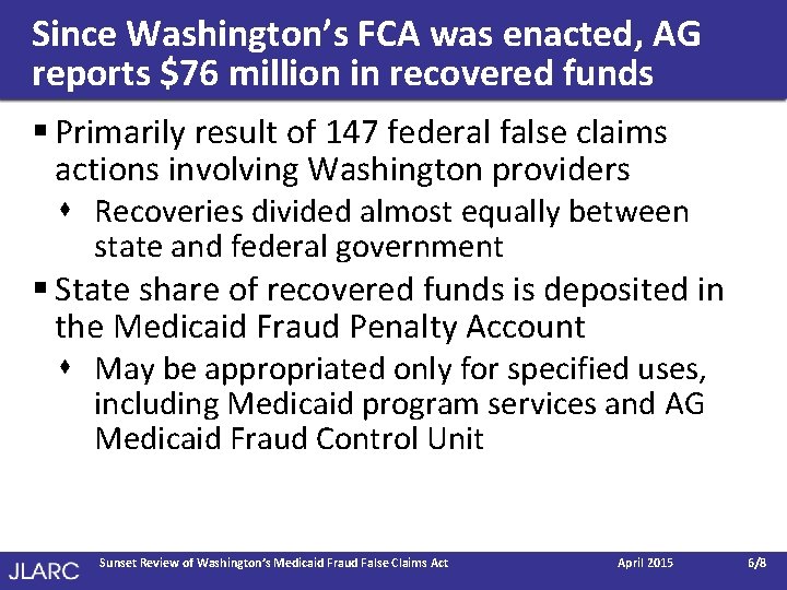 Since Washington’s FCA was enacted, AG reports $76 million in recovered funds § Primarily