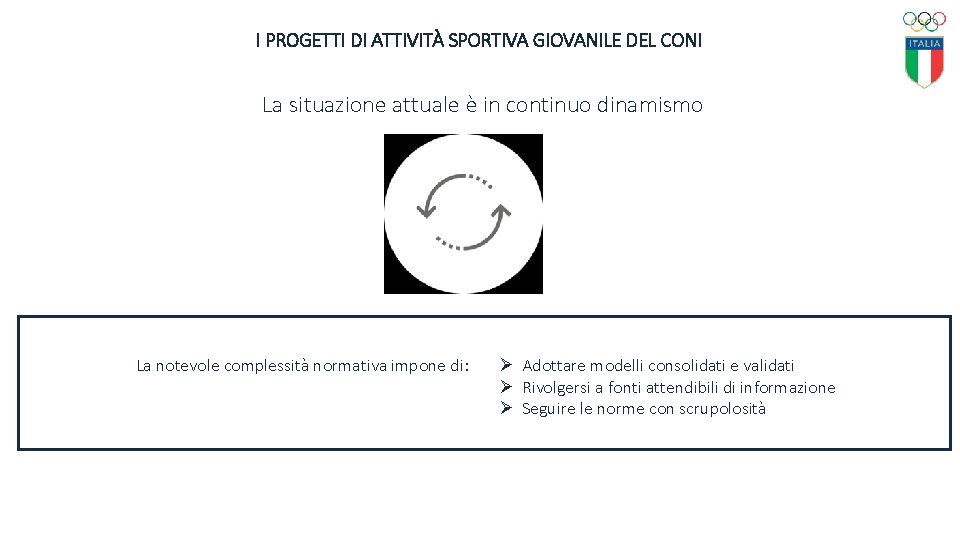 I PROGETTI DI ATTIVITÀ SPORTIVA GIOVANILE DEL CONI La situazione attuale è in continuo