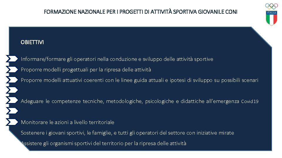 FORMAZIONE NAZIONALE PER I PROGETTI DI ATTIVITÀ SPORTIVA GIOVANILE CONI OBIETTIVI Informare/formare gli operatori