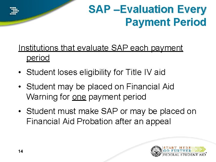 SAP –Evaluation Every Payment Period Institutions that evaluate SAP each payment period • Student