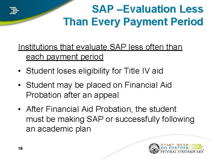 SAP –Evaluation Less Than Every Payment Period Institutions that evaluate SAP less often than