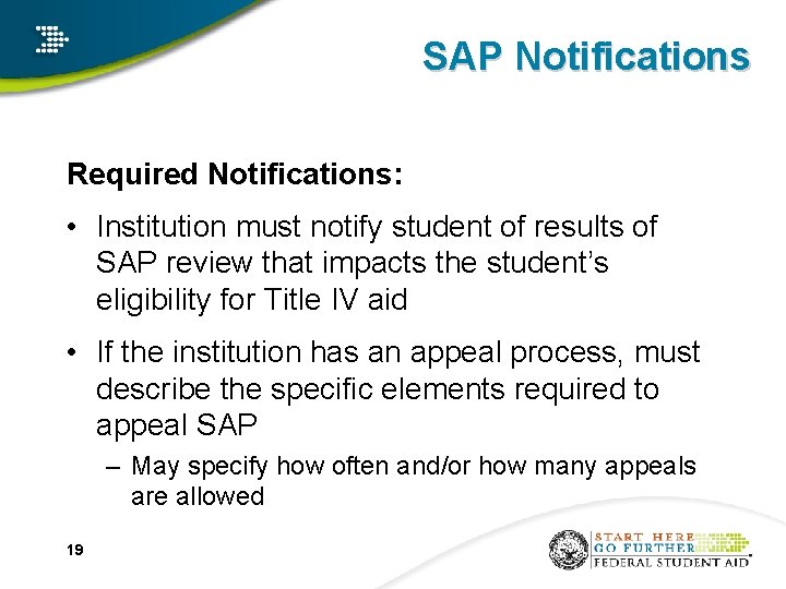 SAP Notifications Required Notifications: • Institution must notify student of results of SAP review