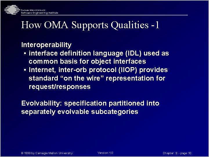 Carnegie Mellon University Software Engineering Institute How OMA Supports Qualities -1 Interoperability • interface