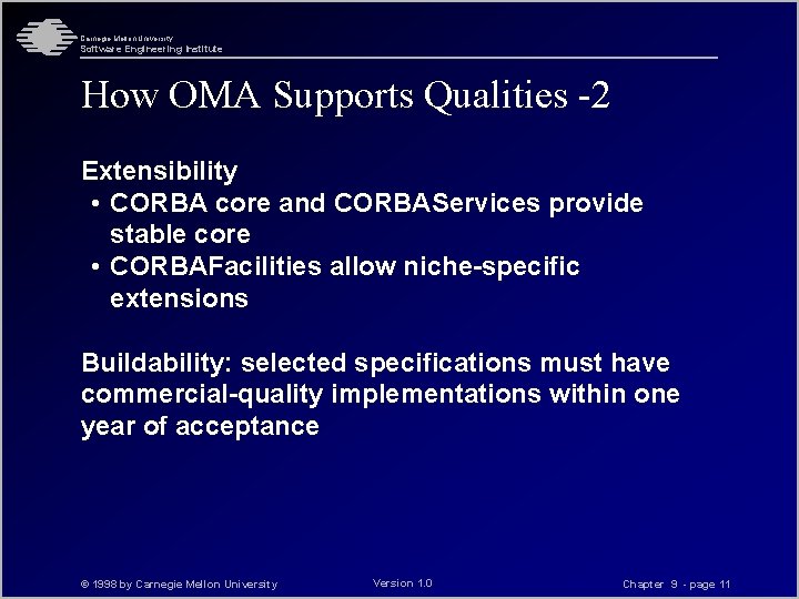 Carnegie Mellon University Software Engineering Institute How OMA Supports Qualities -2 Extensibility • CORBA