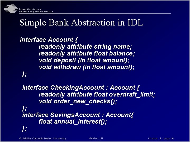 Carnegie Mellon University Software Engineering Institute Simple Bank Abstraction in IDL interface Account {