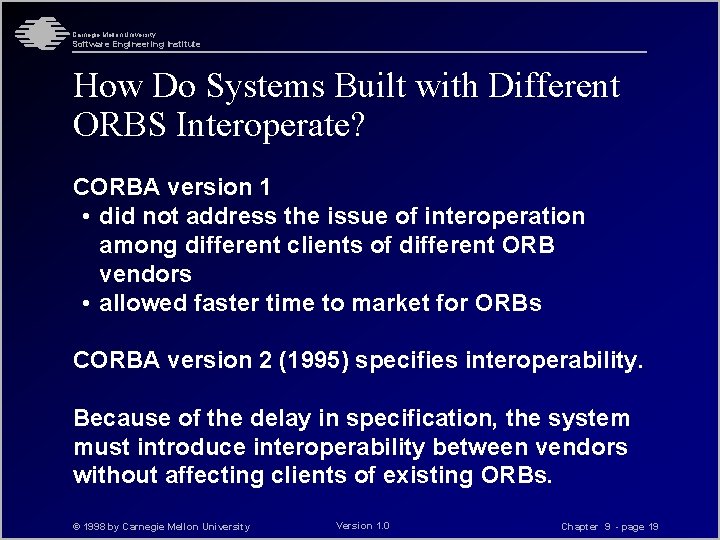 Carnegie Mellon University Software Engineering Institute How Do Systems Built with Different ORBS Interoperate?