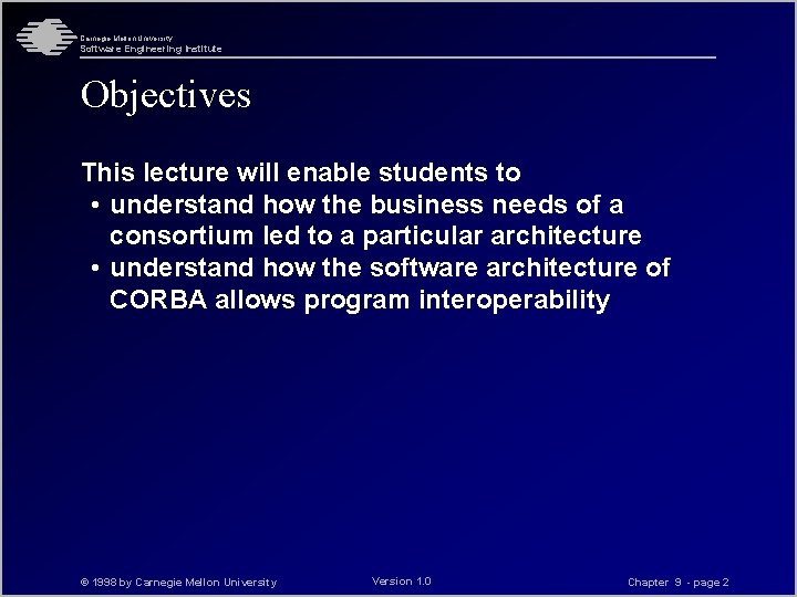 Carnegie Mellon University Software Engineering Institute Objectives This lecture will enable students to •