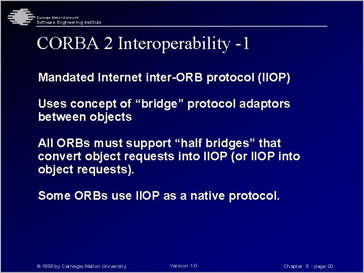 Carnegie Mellon University Software Engineering Institute CORBA 2 Interoperability -1 Mandated Internet inter-ORB protocol
