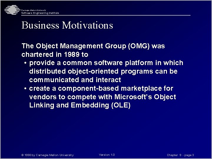 Carnegie Mellon University Software Engineering Institute Business Motivations The Object Management Group (OMG) was