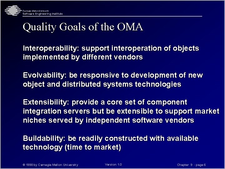 Carnegie Mellon University Software Engineering Institute Quality Goals of the OMA Interoperability: support interoperation