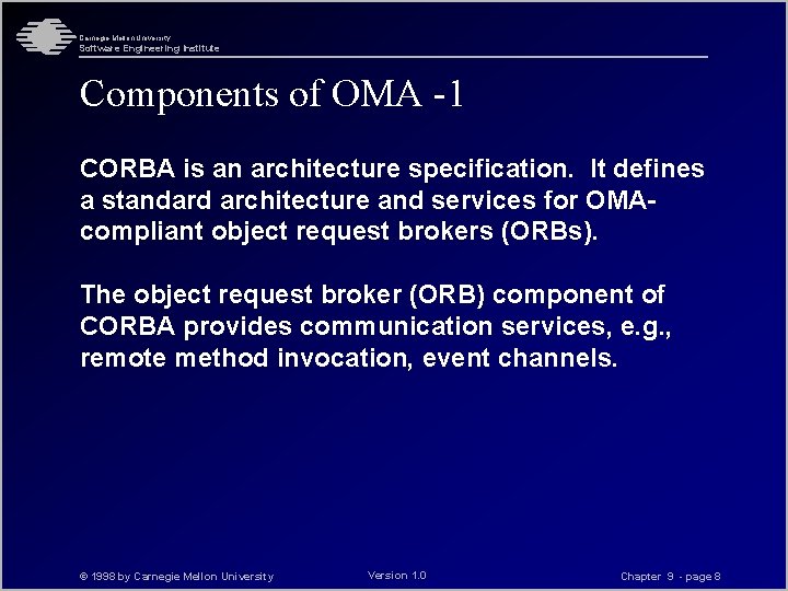 Carnegie Mellon University Software Engineering Institute Components of OMA -1 CORBA is an architecture