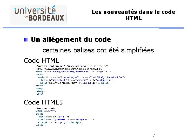 Les nouveautés dans le code HTML Un allégement du code certaines balises ont été