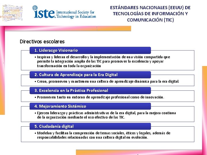 ESTÁNDARES NACIONALES (EEUU) DE TECNOLOGÍAS DE INFORMACIÓN Y COMUNICACIÓN (TIC) Directivos escolares 1. Liderazgo