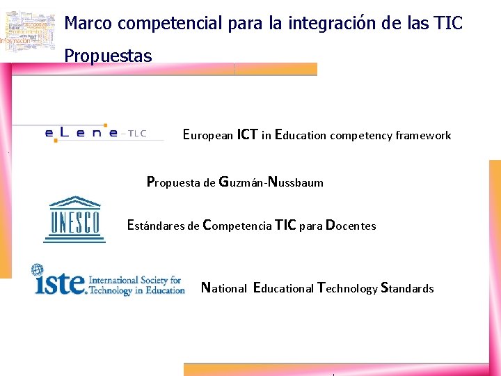 Marco competencial para la integración de las TIC Propuestas European ICT in Education competency