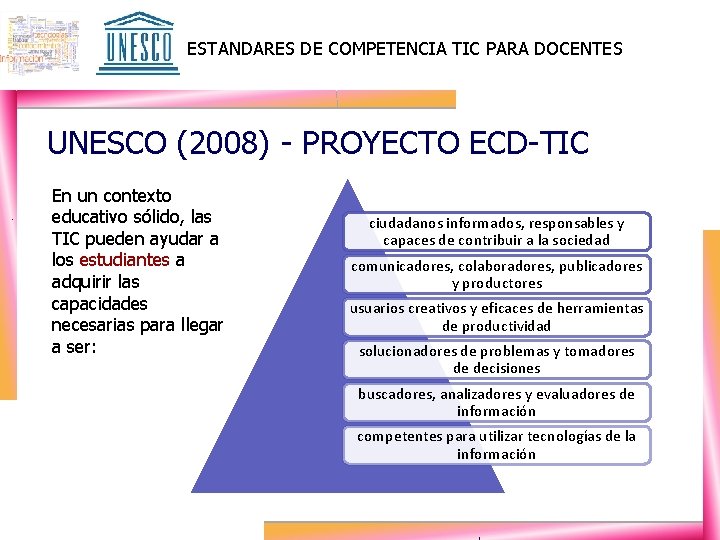 ESTANDARES DE COMPETENCIA TIC PARA DOCENTES UNESCO (2008) - PROYECTO ECD-TIC En un contexto