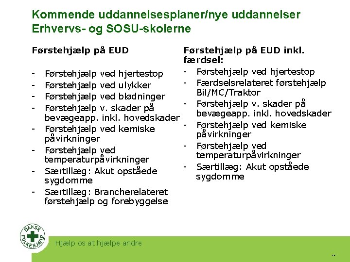 Kommende uddannelsesplaner/nye uddannelser Erhvervs- og SOSU-skolerne Førstehjælp på EUD - Førstehjælp på EUD inkl.