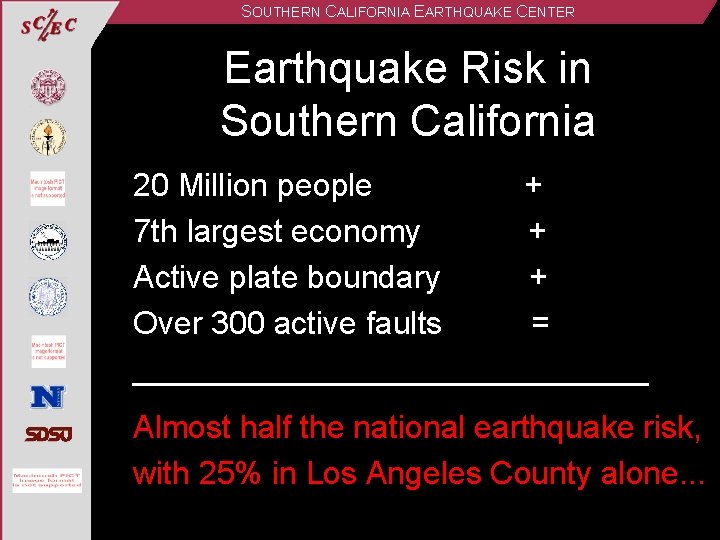 SOUTHERN CALIFORNIA EARTHQUAKE CENTER Earthquake Risk in Southern California 20 Million people + 7