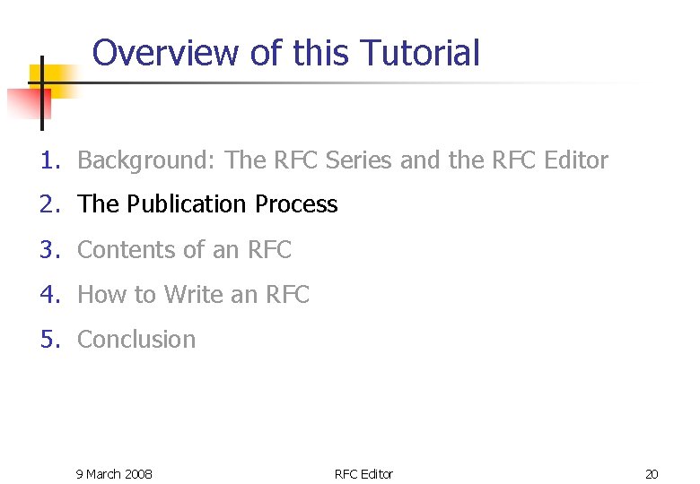 Overview of this Tutorial 1. Background: The RFC Series and the RFC Editor 2. Overview of this Tutorial 1. Background: The RFC Series and the RFC Editor 2.