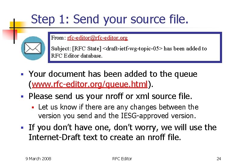 Step 1: Send your source file. From: rfc-editor@rfc-editor. org Subject: [RFC State] <draft-ietf-wg-topic-05> has