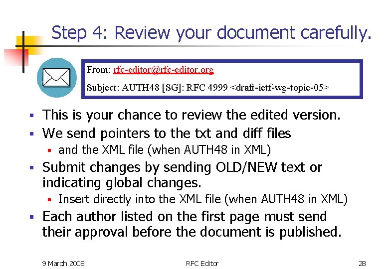 Step 4: Review your document carefully. From: rfc-editor@rfc-editor. org Subject: AUTH 48 [SG]: RFC