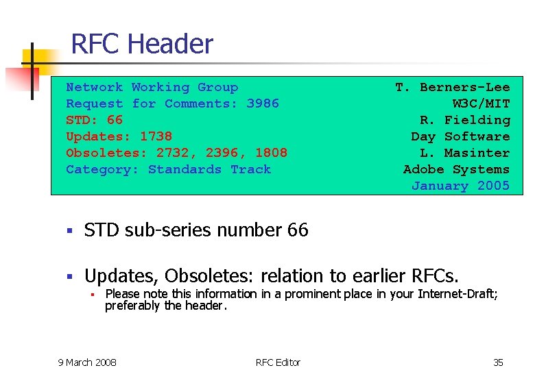 RFC Header Network Working Group Request for Comments: 3986 STD: 66 Updates: 1738 Obsoletes: RFC Header Network Working Group Request for Comments: 3986 STD: 66 Updates: 1738 Obsoletes: