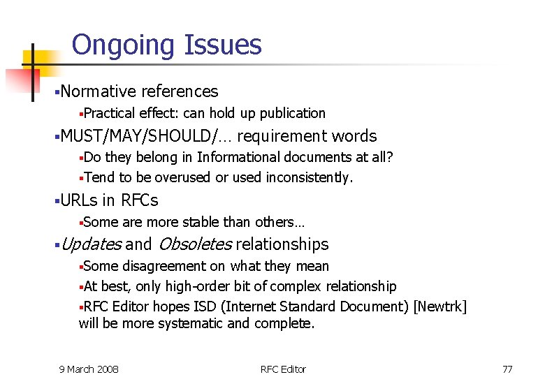 Ongoing Issues §Normative §Practical references effect: can hold up publication §MUST/MAY/SHOULD/… requirement words §Do Ongoing Issues §Normative §Practical references effect: can hold up publication §MUST/MAY/SHOULD/… requirement words §Do