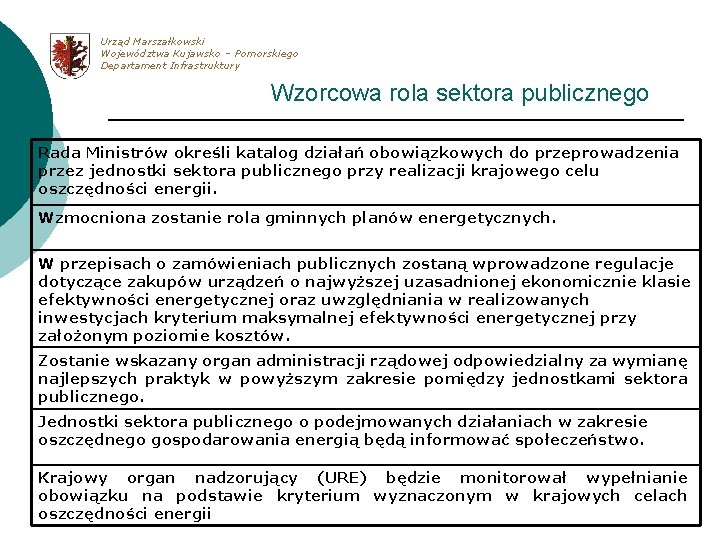 Urząd Marszałkowski Województwa Kujawsko – Pomorskiego Departament Infrastruktury Wzorcowa rola sektora publicznego Rada Ministrów
