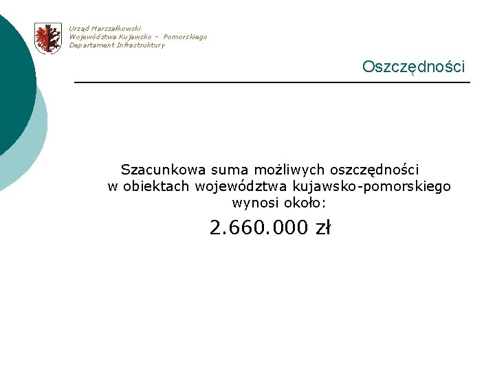 Urząd Marszałkowski Województwa Kujawsko – Pomorskiego Departament Infrastruktury Oszczędności Szacunkowa suma możliwych oszczędności w