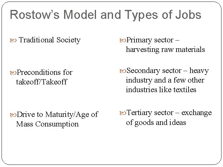 Rostow’s Model and Types of Jobs Traditional Society Primary sector – harvesting raw materials