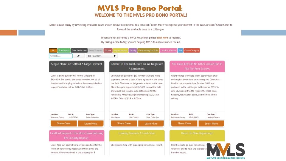 MVLS Pro Bono Portal: https: //mvlslaw. org/probonoportal 