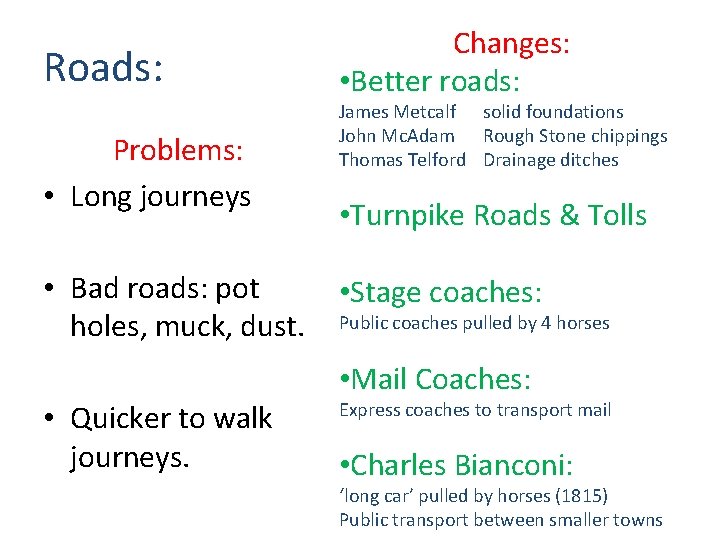 Roads: Problems: • Long journeys • Bad roads: pot holes, muck, dust. Changes: •