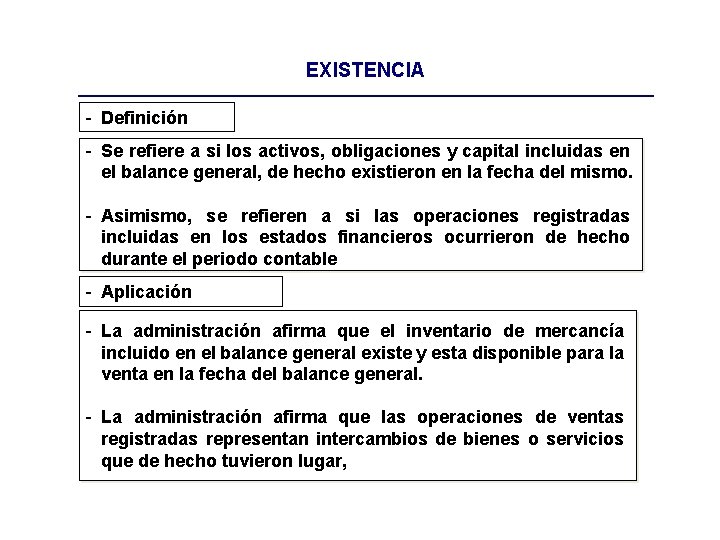 EXISTENCIA - Definición - Se refiere a si los activos, obligaciones y capital incluidas