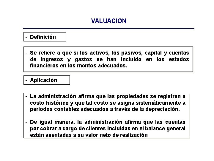 VALUACION - Definición - Se refiere a que si los activos, los pasivos, capital