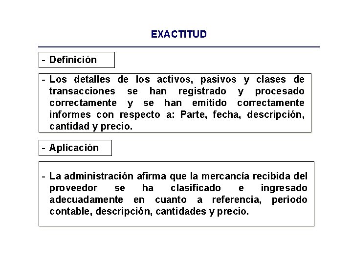 EXACTITUD - Definición - Los detalles de los activos, pasivos y clases de transacciones