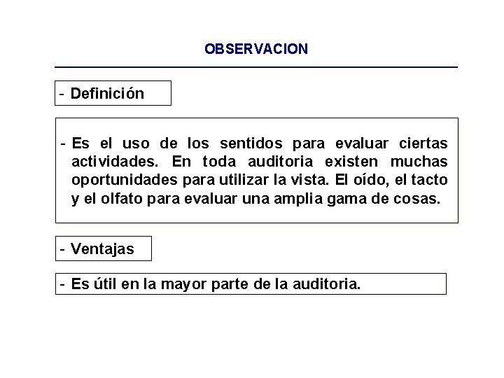 OBSERVACION - Definición - Es el uso de los sentidos para evaluar ciertas actividades.