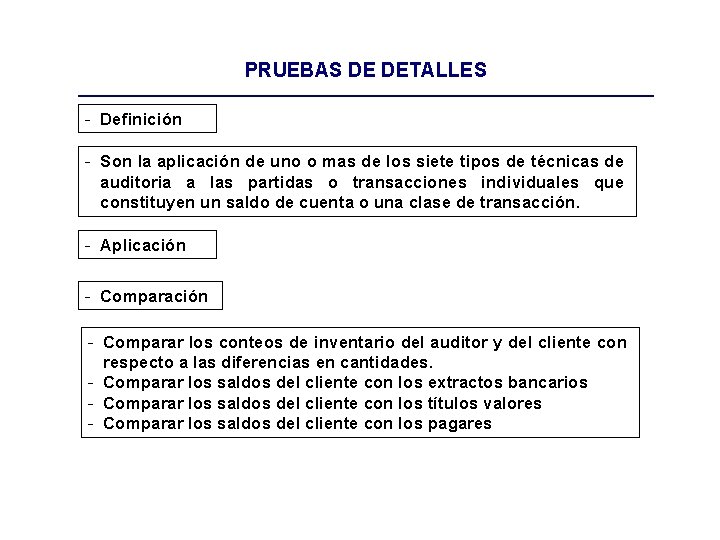 PRUEBAS DE DETALLES - Definición - Son la aplicación de uno o mas de