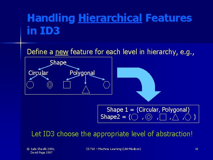 Handling Hierarchical Features in ID 3 Define a new feature for each level in