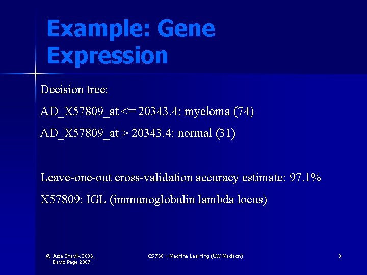 Example: Gene Expression Decision tree: AD_X 57809_at <= 20343. 4: myeloma (74) AD_X 57809_at