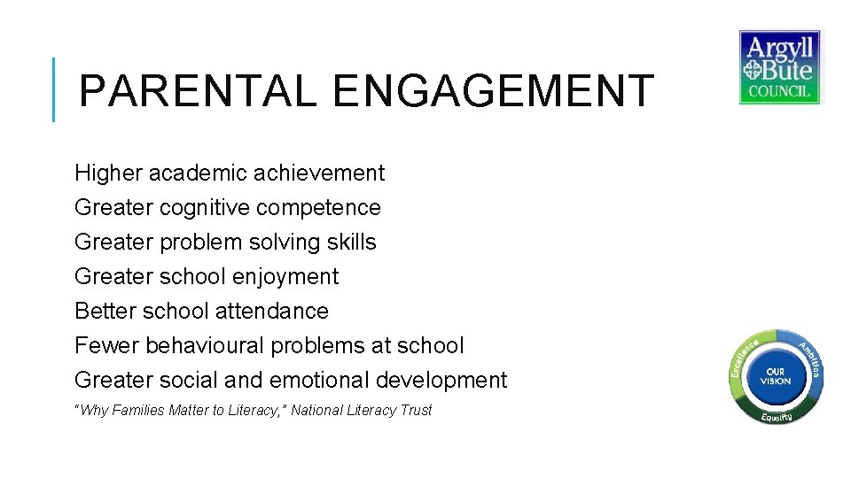 PARENTAL ENGAGEMENT Higher academic achievement Greater cognitive competence Greater problem solving skills Greater school