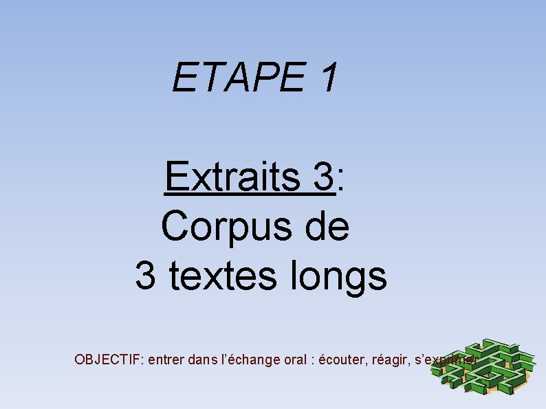 ETAPE 1 Extraits 3: Corpus de 3 textes longs OBJECTIF: entrer dans l’échange oral
