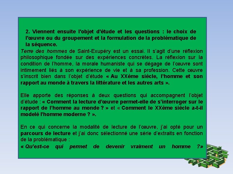 2. Viennent ensuite l'objet d'étude et les questions : le choix de l'œuvre ou