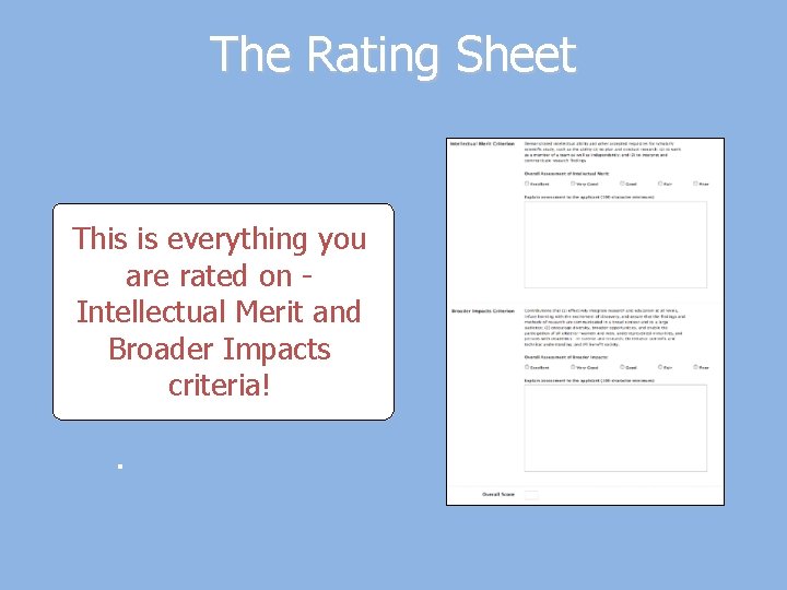 The Rating Sheet This is everything you are rated on Intellectual Merit and Broader