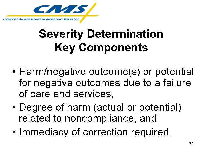 Severity Determination Key Components • Harm/negative outcome(s) or potential for negative outcomes due to
