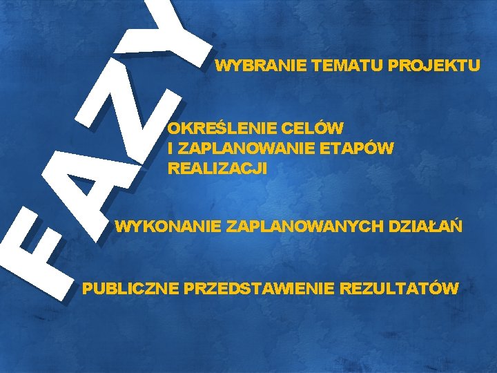 FA ZY WYBRANIE TEMATU PROJEKTU OKREŚLENIE CELÓW I ZAPLANOWANIE ETAPÓW REALIZACJI WYKONANIE ZAPLANOWANYCH DZIAŁAŃ