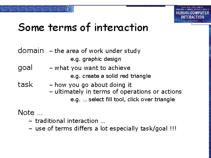 Some terms of interaction domain – the area of work under study e. g.