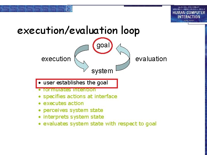execution/evaluation loop goal execution evaluation system • • user establishes the goal formulates intention