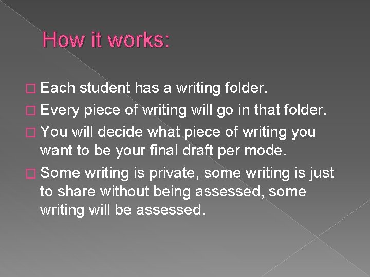 How it works: � Each student has a writing folder. � Every piece of