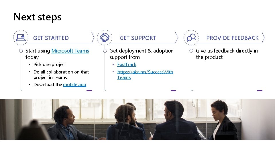 Next steps GET STARTED Start using Microsoft Teams today GET SUPPORT Get deployment &
