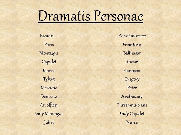 Dramatis Personae Escalus Paris Montague Capulet Romeo Tybalt Mercutio Benvolio An officer Lady Montague